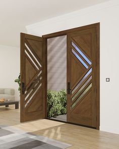 an open wooden door in a living room