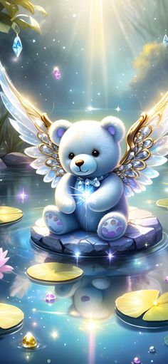 a teddy bear with wings sitting on top of water