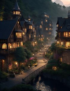 an image of a town at night with lights on