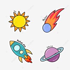 four cartoon stickers with different types of rockets and planets on them, including the sun,