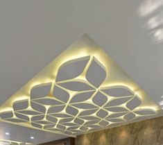 the ceiling is made up of many square shapes and has lights on each side of it