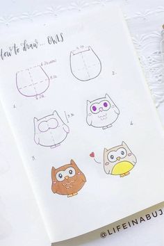 an open notebook with drawings of owls on it