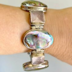 Abalone Bracelet, Pink Quartz, Bezel Setting, Silver Bracelet, Hand Made, Gems, 925 Sterling Silver, Bracelet, Sterling Silver