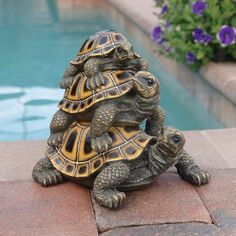 a turtle statue sitting on top of a brick wall next to a swimming pool