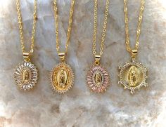 18k Gold Plated 1 inch extender Cubic zirconia stones Lead and Nickel Free Tarnish Free with Care Avoid water for long lasting plating Virgin Mary Nails, Lady Of Guadalupe Necklace, Guadalupe Necklace, Dope Jewelry Accessories, Mary Necklace, Virgin Mary Necklace, Pretty Jewelry Necklaces, Wrist Jewelry, Mexican Jewelry