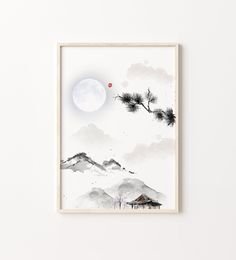 a painting hanging on the wall next to a white wall with a red dot in it