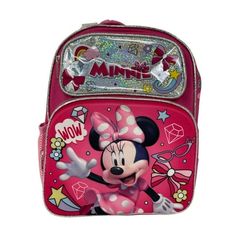 Item Size: 12" x 10" x 3" 2 MESH SIDES POCKET This item is Officially Licensed, age 3 + Size: one size.  Gender: female.  Age Group: toddler. Back To School Minnie Mouse Standard Backpack, Back To School Minnie Mouse Backpack, Disney Minnie Mouse Standard Backpack, Disney Minnie Mouse Backpack, Pink Backpack For Disney Trips With Zipper Closure, Pink Backpack With Zipper Closure For Travel, Minnie Mouse Backpack For Back To School, Minnie Mouse Multicolor Backpack For School, Multicolor Minnie Mouse Backpack For School