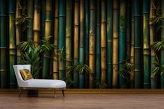 a white chair sitting in front of a wall with bamboos on it's sides