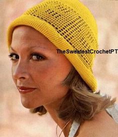 Ladies crochet bucket hat pattern - An elegant hat crocheted in an openwork pattern with a rolled brim. Average size. - Vintage pattern from the 70's. YOU WILL RECEIVE: --- Pattern instructions in English US with a conversion chart to English UK included. --- Abbreviations also included. --- Read and print friendly. --- ASSISTANCE: I have many years experience in crocheting, so if you have any question send message, I'll try my best to help. MATERIALS . DK 8 ply (3:Light weight yarn): 100gr. in Yellow; . Crochet Hook size: C/2 (2.75mm / 12UK) or size to give gauge. NOTE: This is a digital PDF with a crochet pattern for you to download to your computer. It is not the finished item. MORE PATTERNS YOU MAY LIKE AVAILABLE HERE: https://www.etsy.com/shop/TheSweetestCrochetPT?section_id=42967990 Summer Beanie, Bucket Hat Pattern, Patron Vintage, Bonnet Crochet, Vintage Crochet Pattern, Cap Patterns, Crochet Vintage, Crochet Bucket Hat, Crochet Cap