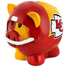 a red and yellow piggy bank with the kansas chiefs on it's face