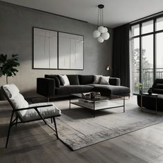 a living room filled with furniture and large windows