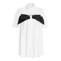 44487996211422 Elegant White Shirt With Bow Detail, White Bow Blouse For Workwear, White Bow Blouse For Work, White Collared Top With Bow, White Bow Tops For Work, White Bow Top For Work, White Puff Sleeve Shirt With Buttons, Patchwork Shirt, Female Clothing