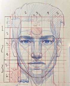 a drawing of a man's face is shown in blue and red pencils