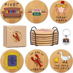 several wooden coasters with different designs and words on them, including a duck, lobster, chicken, pigot, turkey dance