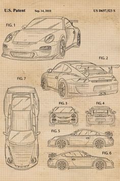 the blueprinted drawing shows several different types of sports cars, including two porsches and