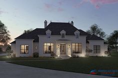 this is an artist's rendering of the front elevation of a house at dusk