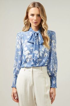 Scout Floral Etienne Tie Neck Long Sleeve Blouse – Sugarlips Floral Blouse Outfit, Top Highlights, Velvet Dress Designs, Dreamy Whites, Flower Blouse, The Scout, Tie Neck Tops, Body Dress, Tie Blouse