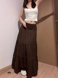 TAVIMART - Women Brown Gothic A-line Skirt Vintage Y2k 90s Aesthetic Long Skirt Harajuku Korean Patchwork Skirts 2000s Clothes Summer 2024 High Waist Y2k Style Skirt, Solid Color High Waist Y2k Skirt, Solid High Waist Y2k Skirt, Y2k High Waist Skirt, Y2k Style Solid Color Mini Skirt, High Waist Solid Color Y2k Skirt, Y2k Style Cotton Lined Skirt, Y2k Style Brown Skirt For Spring, Y2k Long Skirt For Summer