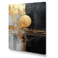 an abstract painting with gold and black accents on a white wall above it is a round metal object