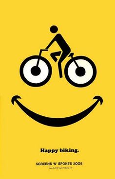 a yellow poster with an image of a smiling man on a bicycle and the words happy biking