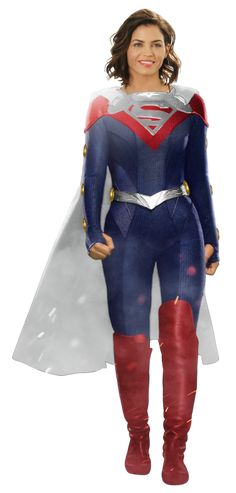 a woman in a superman costume standing with her hands on her hips