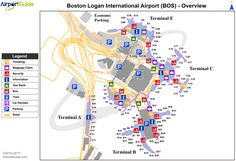 the boston airport map is shown in red, yellow and blue with directions to each terminal