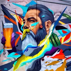 a painting of a bearded man holding a beer