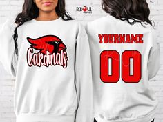 Personalized Cardinal School Spirit T-Shirt Crewneck, Hoodie Hooded Sweatshirt Football, Baseball, Basketball, Softball, Track, Volleyball, Cross Country, Cheer, Wrestling Not all colors are available in all sizes and styles.  Please check the color and size charts in photos. We do our best to accurately represent shirt colors by using actual photos but do understand that all monitors will display differently. Please contact us prior to purchase with any questions on sizing or colors. Your purchase includes a custom imprint created specifically for your team! A product proof will be emailed to you within 1 business day.  Please keep an eye on your Etsy messages and reply with any changes within 24 hours. Your order will be sent to production after that time if no response is received. Exce Cardinals Football Shirts, White Custom Print Sweatshirt For Fan Merchandise, White Sublimation Print Fan Apparel Sweatshirt, College Cotton Sweatshirt With Sublimation Print, White Hoodie Sweatshirt With Sublimation Print, Cotton Sweatshirt With Sublimation Print For College, Casual Hoodie Tops With Custom Print, White Pre-shrunk Hooded Top, Team Spirit Hoodie For College