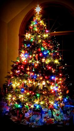 a brightly lit christmas tree in front of a window