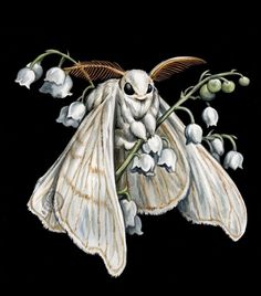 a painting of a white moth with flowers on it's back legs and wings