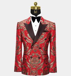 Elegant Tuxedo For Gala And Festive Occasions, Luxury Fitted Suit For Festive Season, Designer Fitted Suits For Gala, Luxury Evening Sets With Suit Collar, Fitted Luxury Tuxedo For Festive Occasions, Luxury Fitted Tuxedo For Festive Occasions, Festive Luxury Fitted Tuxedo, Luxury Festive Tuxedo For Gala, Red Festive Semi-formal Blazer