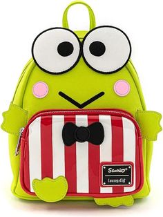 a green and red backpack with eyes on it