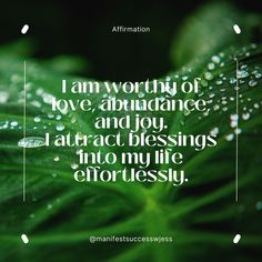 a green leaf with water droplets on it and the words i am worthy of love, abundance