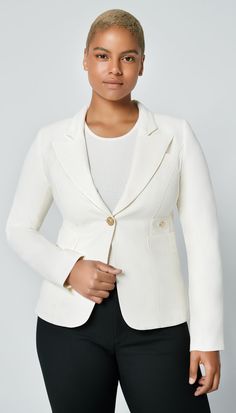 Style Notes: This blazer is quintessentially SMYTHE: refined and perfectly tailored. This timeless classic has been a SMYTHE staple since 2011.Details: Decidedly tailored and one of our top selling silhouettes, this single-breasted blazer features a “cheeky” cut out back vent and brass hardware. Curvy figures may wish to go up a size.Color: IvorySize: Model is 5'11" and is wearing a size 2. Please use the Size Guide to determine your size.Content + Care: 100% Wool. Lining: 100% Cupro Rayon. Dry Elegant Structured Blazer With Lapel Collar, Elegant Structured Single-breasted Blazer, Chic Single-breasted Tailoring Blazer, Elegant Structured Blazer With Hidden Button Closure, Chic Single-breasted Blazer For Tailoring, Elegant Sport Coat With Suit Collar, Chic Fitted Sport Coat With Double Button Closure, Elegant Sport Coat With Lapel Collar And Button Closure, Chic Tailored Sport Coat With Double Button Closure