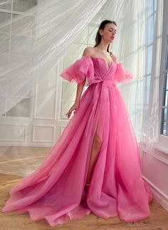 Azalea Organza Gown Feminine Organza Evening Dress With Fitted Bodice, Ethereal Floor-length Evening Dress For Prom, Pre-draped Organza Evening Dress For Wedding, Pink Ball Gown For Bridesmaids, Pink Bridesmaid Ball Gown Evening Dress, Pink Floor-length Bridesmaid Evening Dress, Formal Pre-draped Pink Gown, Organza Prom Gown With Ruched Bodice, Feminine Tulle Evening Gown