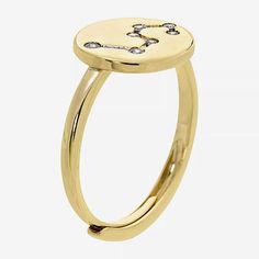 This ring is adjustable, fitting most sizes. It should fit sizes 5-10Ring Style: BandsFeatures: Inspirational, Adjustable, Personalized, Zodiac Jewelry, In A Gift BoxShape: RoundStone Cut: RoundMetal Color: Gold ToneBand Width: 2.5mmCare: Wipe CleanStone Type: 7 Cubic ZirconiaMetal: 14k Gold Over BrassCountry of Origin: Imported Adjustable Yellow Gold Initial Ring For Promise, Adjustable 14k Gold Celestial Ring, Dainty Adjustable Zodiac Sign Jewelry, Elegant Adjustable Zodiac Sign Jewelry, Adjustable Celestial 14k Gold Ring, Adjustable Celestial Yellow Gold Rings, Dainty Zodiac Sign Jewelry, Gold Zodiac Sign Ring, Adjustable Yellow Gold Initial Ring Fine Jewelry