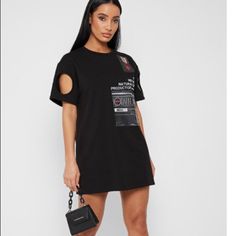 T-Shirt Dress With Open Sleeve - Black. Also Find Light Blue In My Closet Uk London Designer. Sold Out Online Black T-shirt With Letter Print For Day Out, Casual Black Streetwear Dress, Black Letter Print T-shirt For Day Out, Black Graphic Print Dress For Streetwear, Black Cotton Edgy Mini Dress, Black Crew Neck Mini Dress For Night Out, Edgy Black Cotton Mini Dress, Black Oversized T-shirt For Day Out, Black Mini Dress With Graphic Print And Short Sleeves