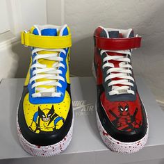 Custom Made Deadpool & Wolverine Air Force 1s Mid. Can Be Made In Any Size Allow 1-2 Weeks For Customization And Shipping See Listings For More Custom Yellow Low-top Sneakers With Red Sole, Custom Yellow Sneakers For Streetwear, Yellow Custom Sneakers With Red Sole And Round Toe, Sporty Yellow Custom Sneakers With Red Sole, Sporty Custom Yellow Sneakers With Red Sole, Nike Shoes Custom, Boots Outfit Men, Nike Air Force 1 Custom, Air Force 1s