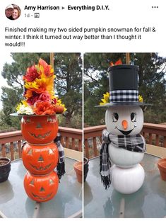 two pumpkins are stacked on top of each other to make a snowman decoration