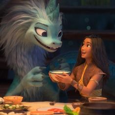 an animated scene shows a woman and a cat eating food