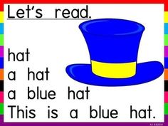 a blue hat with the words let's read and an image of a rainbow striped background