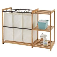 a wooden shelf with two bins on it