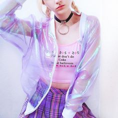 i’m actually selling this transparent jacket on depop (my usernam Softie Aesthetic, Transparent Jacket, Egirl Clothing, Aesthetic Vintage Outfits, Goth Outfit Inspo, Bathroom Pink, Pastel Goth Aesthetic, Pastel Goth Outfits, Clothes Y2k