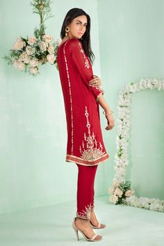 Pakistani Designer Online | Sarosh Salman | Luxury Pret & Wedding Wear Red Raw Silk Churidar With Gota Work, Festive Sherwani With Gota Work, Festive Salwar Kameez With Gota Work And Long Sleeves, Festive Long Sleeve Salwar Kameez With Gota Work, Eid Festive Sherwani With Gota Work, Red Churidar With Gota Work For Eid, Festive Sherwani With Gota Work For Eid, Diwali Festive Sherwani With Gota Work, Red Salwar Kameez With Mirror Work Straight Kurta