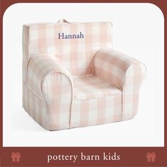 a pink and white checkered chair with the name hannah on it