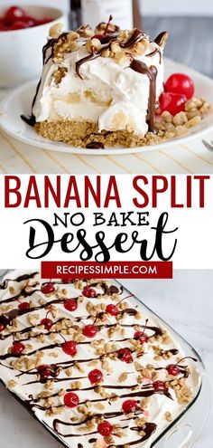 banana split no bake dessert on a plate