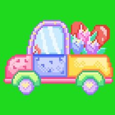 an image of a pixelated truck with flowers in the back and hearts on top