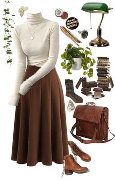 Long Brown Skirt Outfit, Edwardian Cottage, Academia Style, Cottagecore Outfits, Dark Academia Fashion, Academia Fashion