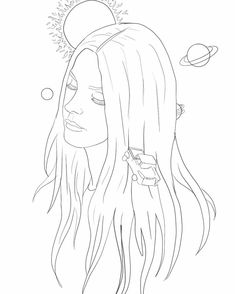 a drawing of a woman with long hair and planets in the sky above her head