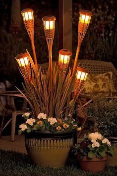 some lights that are on in a potted planter next to flowers and plants